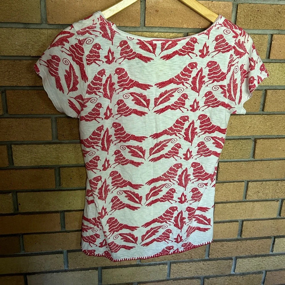 Lucky Brand Red & White Bird Print Tie Front Short Sleeve Top Size Medium - Picture 3 of 3